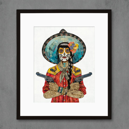 Mexican art print | Day of the Dead/Dia de los Muertos woman in a red western shirt with rooster detail at shoulder