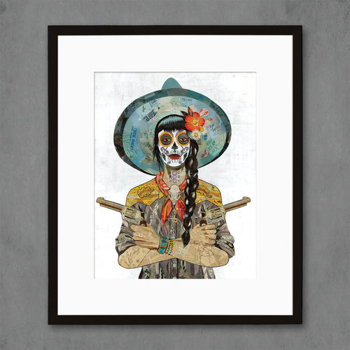 limited edition print of the original Dolan Geiman Vaquera cowgirl with grey shirt and turquoise hat