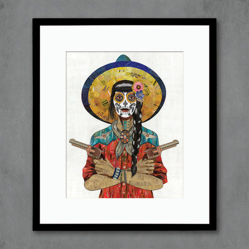 Dolan Geiman sugar skull cowgirl print series |  Vaquera with red shirt and thunderbirds on shoulders