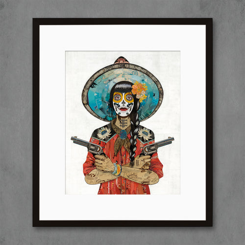 Dolan Geiman Day of the Dead cowgirl print series |  Vaquera with turquoise hat and red shirt
