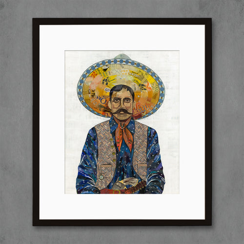 Mexican cowboy print with Charro wearing vest and large sombrero style hat