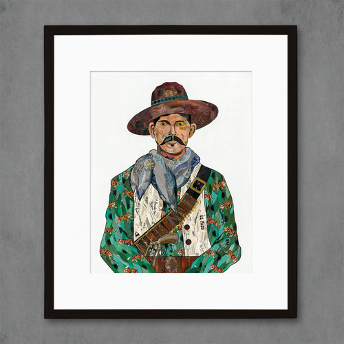 modern western art print features cowboy with tigers on his shirt