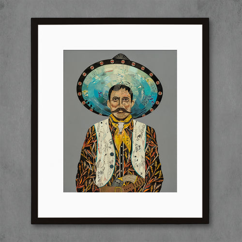 framed western decor features cowboy print on grey background | sizes 16x20 or larger