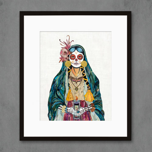 sugar skull art with woman in colorful robe holding candle