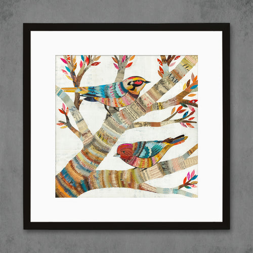 colorful cheerful bird print with spring warblers chirping in the trees