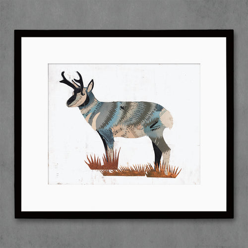 mixed media paper collage of a pronghorn shown in black frame  | western animal art print set