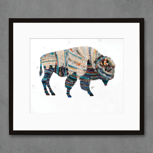 mixed media paper collage of a buffalo bison shown in black frame  | western animal art print set