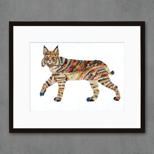 mixed media paper collage of a bobcat  shown in black frame  | western animal art print set