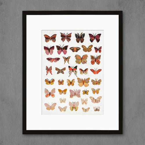 boho butterflies wall art print | vintage butterfly wall decor shown in warm reds and pinks and oranges