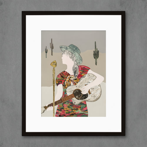 female musician & guitar player art print with women in cowboy hat and colorful horse dress