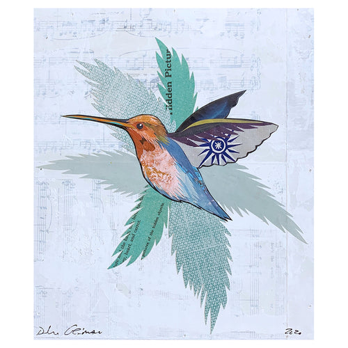 HUMMINGBIRD ON WHITE (small work) original paper collage