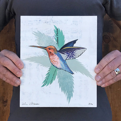 HUMMINGBIRD ON WHITE (small work) original paper collage