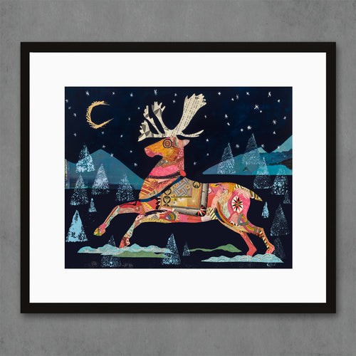 the 2022 Dolan Geiman holiday print features reindeer on black background suggestive of Russian folklore imagery