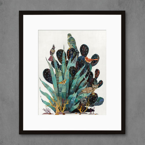 fine art print for wall decor featuring agave, cactus, birds, and ring-tailed cat