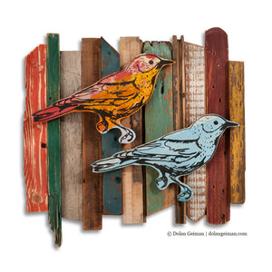 thumbnail for RESCUED WOOD CONSTRUCTION (SONGBIRD, FENCE ROW) original mixed media wall art