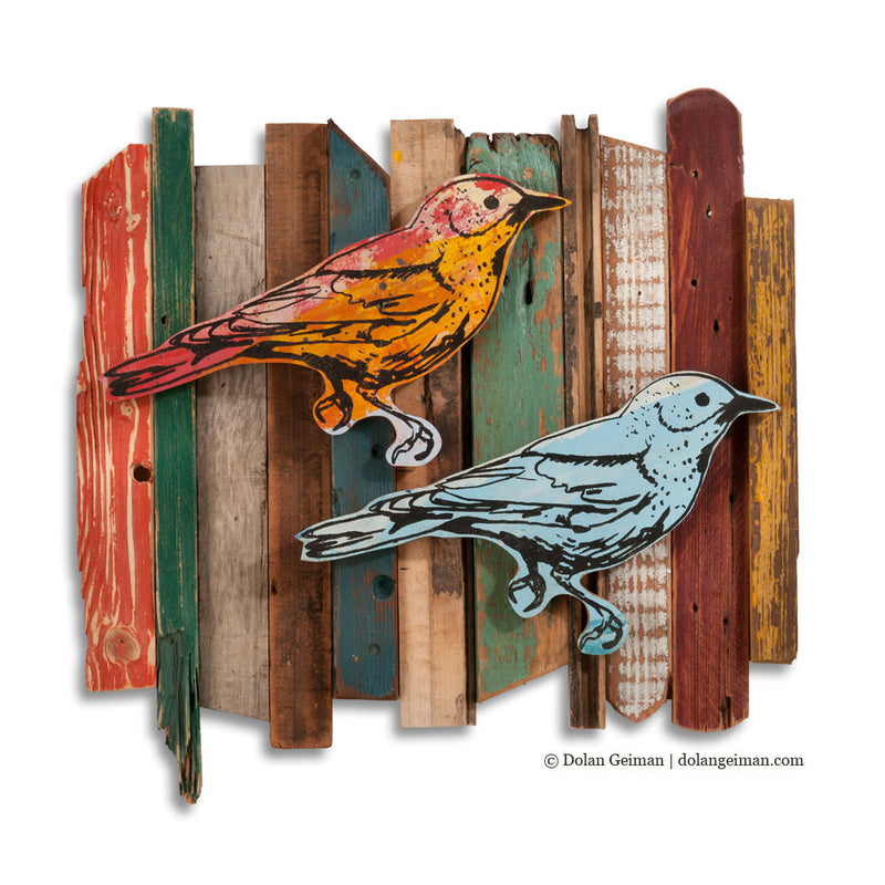 main image for RESCUED WOOD CONSTRUCTION (SONGBIRD, FENCE ROW) original mixed media wall art